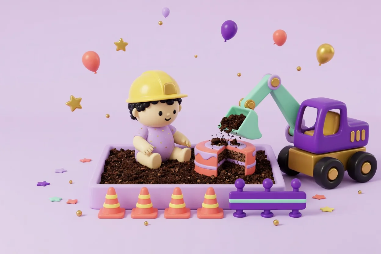 Illustration of a toddler in a yellow hard hat sitting in a sandbox of chocolate-crumb dirt while a purple toy excavator scoops crumbs onto a sliced coral cake, with a row of traffic cones and a purple play barrier in front.