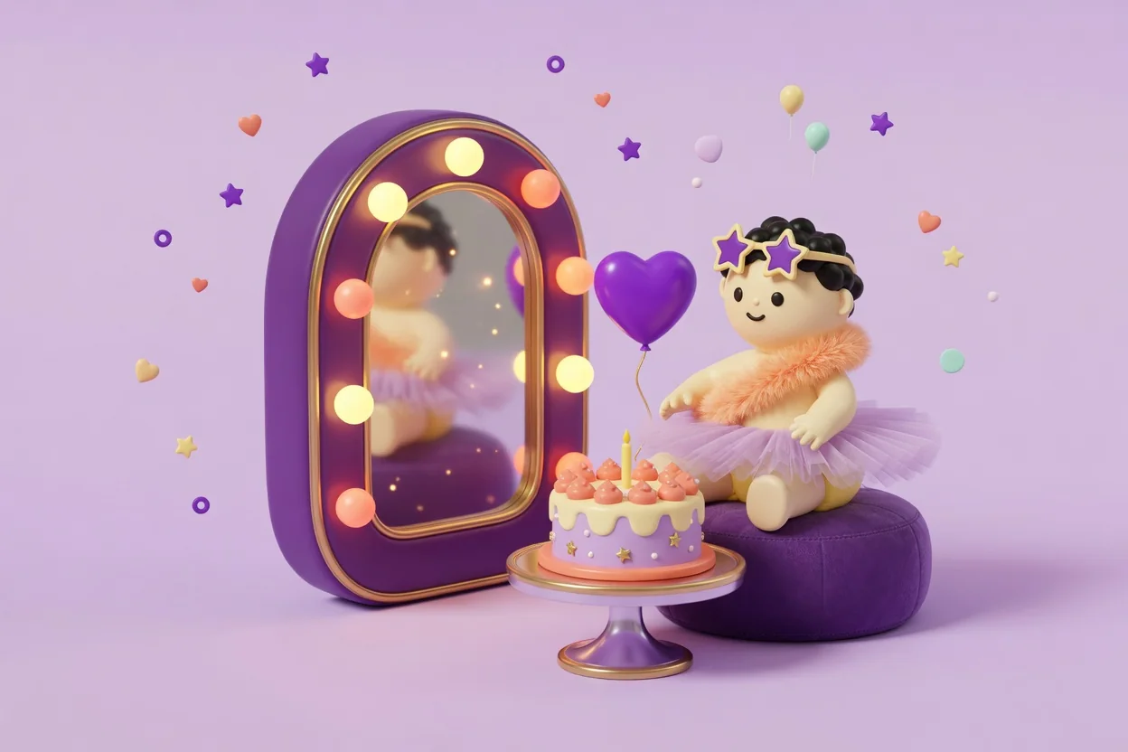 Illustration of a toddler in a lilac tulle tutu, peach feather boa and star-shaped sunglasses perched on their head, sitting on a purple velvet pouf beside a bulb-ringed vanity mirror, a heart balloon and a cake on a gold cake stand.