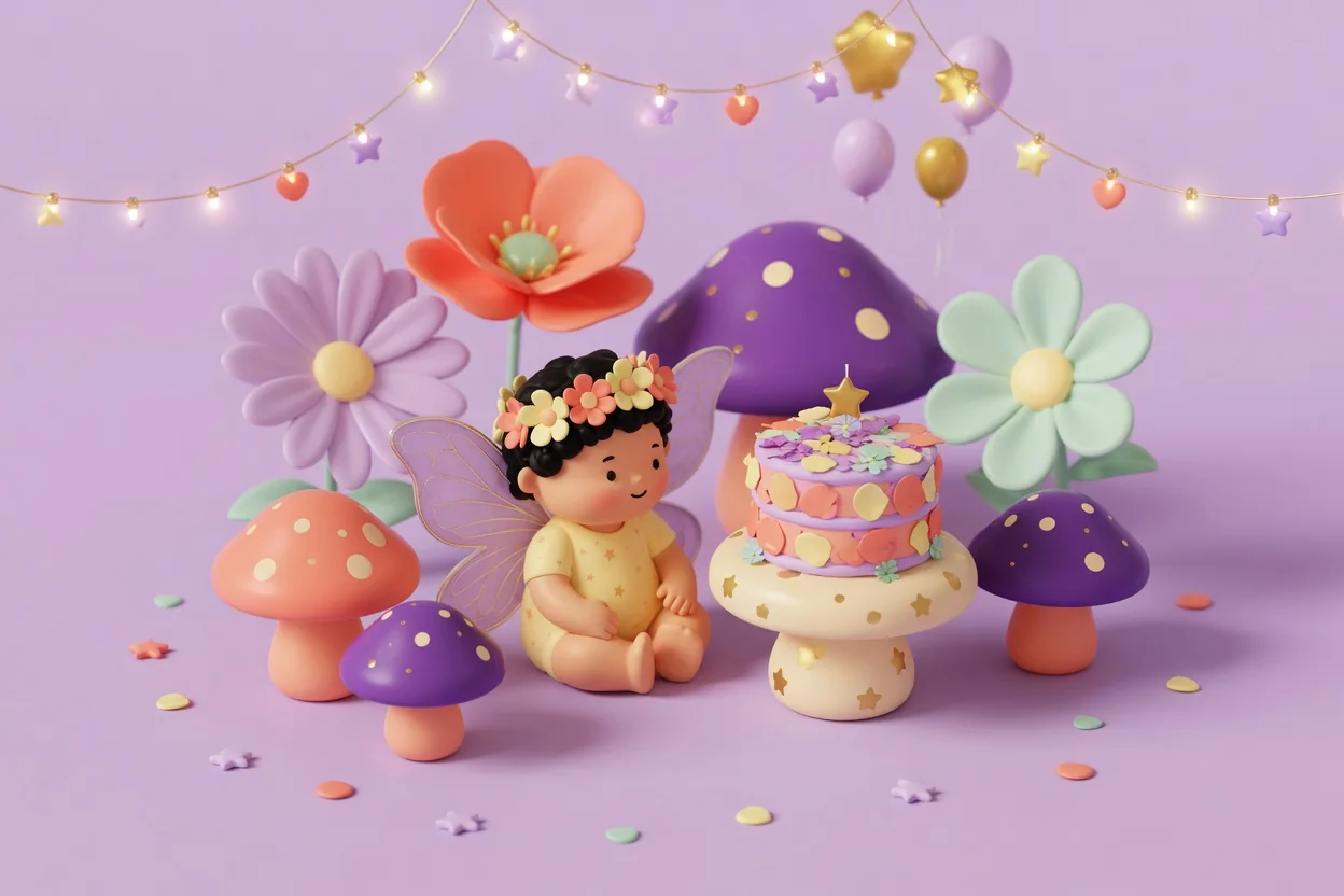 Illustration of a toddler with gauzy lilac fairy wings and a flower crown sitting among oversized polka-dot toadstools and giant flowers, under strings of glowing fairy lights, beside a petal-covered cake on a mushroom stool.