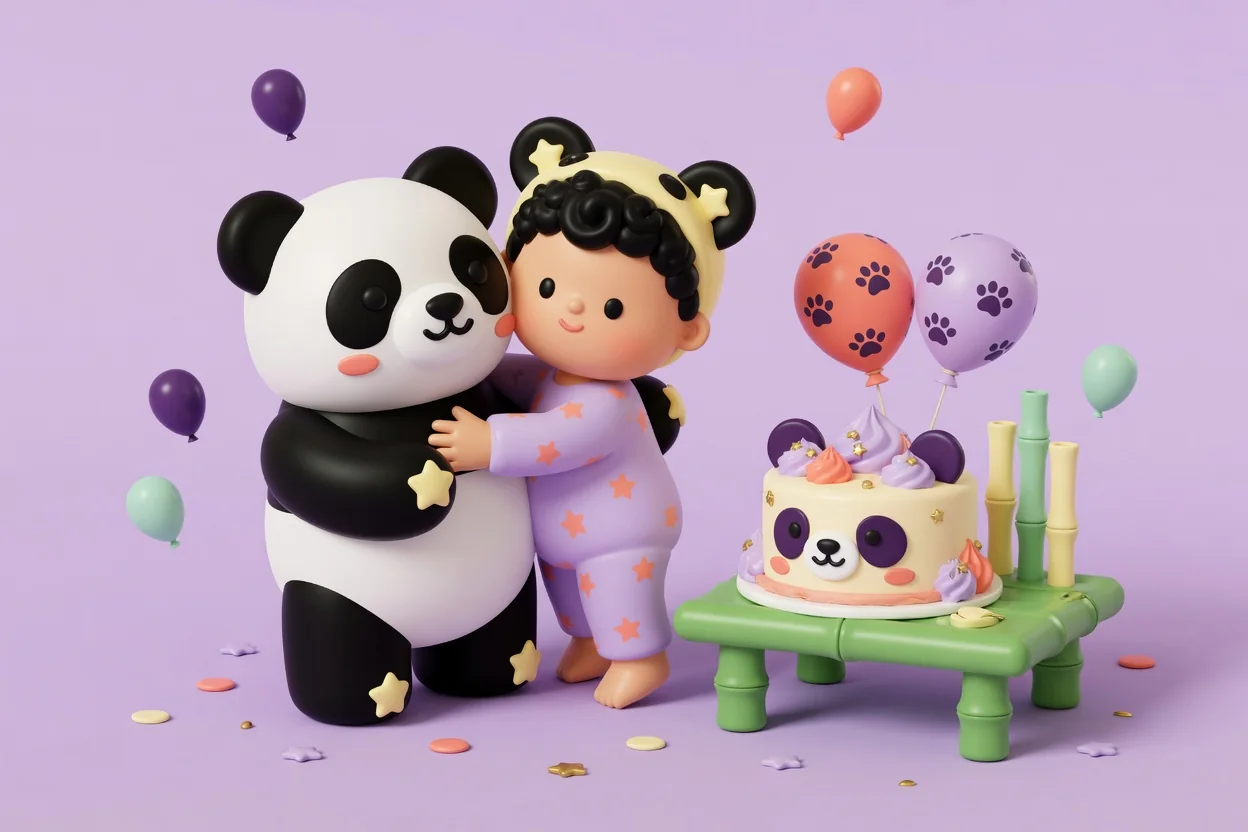 Illustration of a toddler in star-print pajamas and a panda-ears headband hugging a giant plush panda, next to a panda-face cake on a green bamboo table with paw-print balloons.