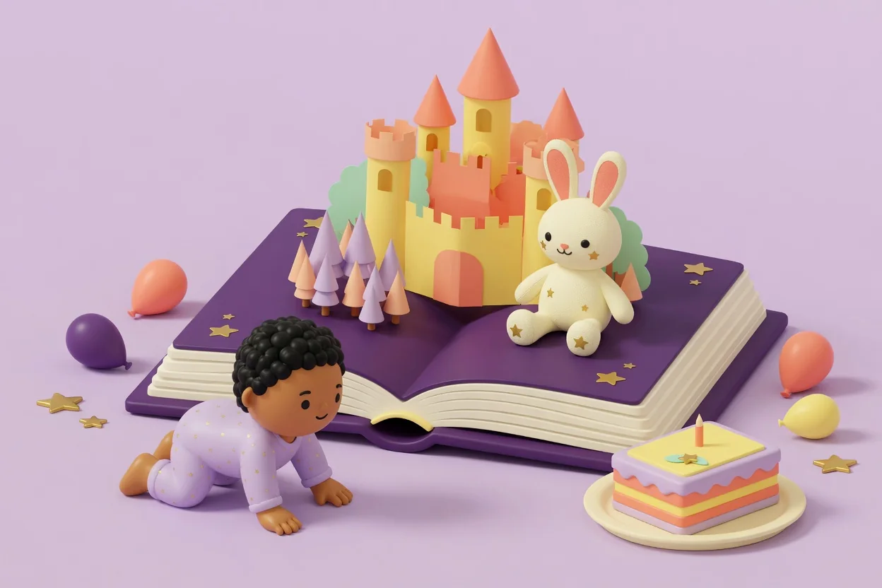 Illustration of a crawling toddler heading toward a giant open purple storybook whose pages pop up into a paper castle and little paper forest, with a cream plush bunny sitting on the page and a layered cake nearby.