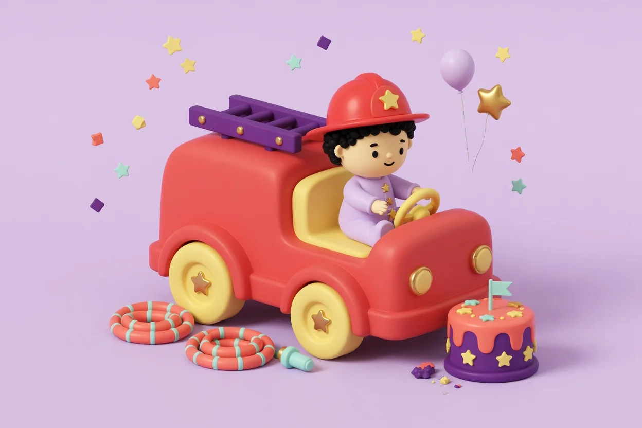 Illustration of a toddler in a red firefighter helmet at the wheel of a chunky red ride-on fire truck with a purple ladder on top, with a coiled toy hose on the floor and a star-decorated birthday cake beside it.