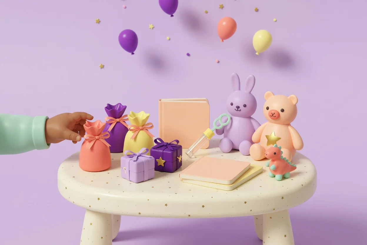 Illustration of a small round table laid with ribbon-tied favor bags, little gift boxes, blank board books, a bubble wand and plush bunny, bear and dinosaur toys, with a toddler's hand reaching in from the left.