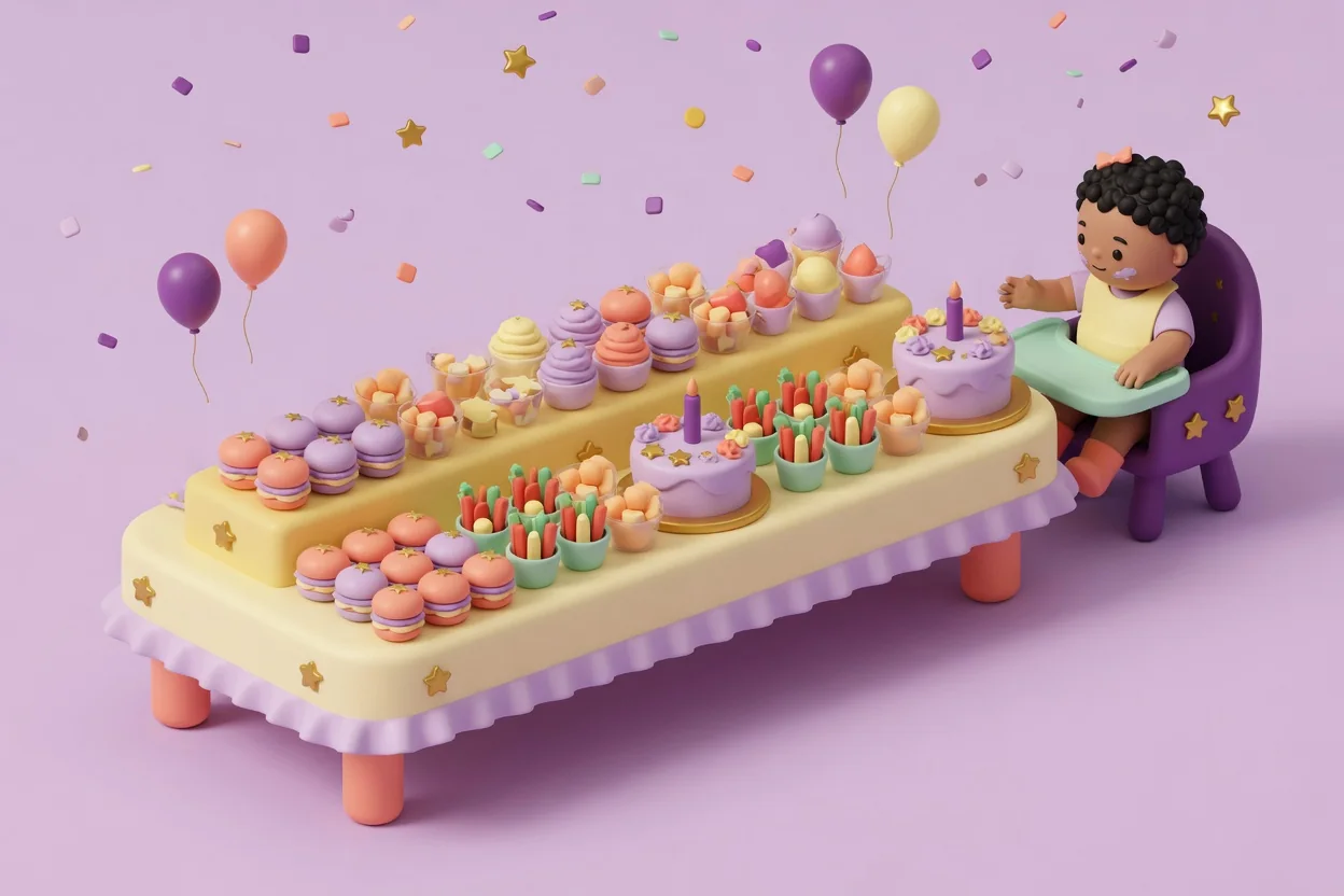 Illustration of a long two-level party buffet of mini sandwiches, fruit cups, veggie sticks and ice cream cups around two lilac birthday cakes, with a toddler in a purple high chair at the end of the table.