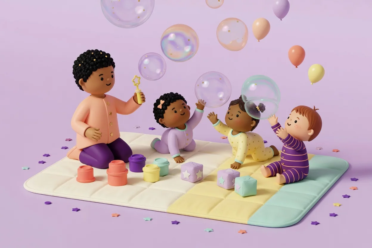 Illustration of a kneeling grown-up blowing big shimmering soap bubbles over three crawling toddlers on a quilted play mat with stacking cups and soft star blocks, the toddlers reaching up to pop them.