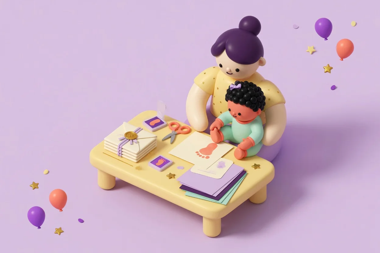 Illustration of a parent at a low yellow craft table holding a toddler on their lap as the toddler presses a coral footprint onto a blank invitation card, beside a ribbon-tied stack of envelopes with a gold seal, ink pads, scissors and colored card.
