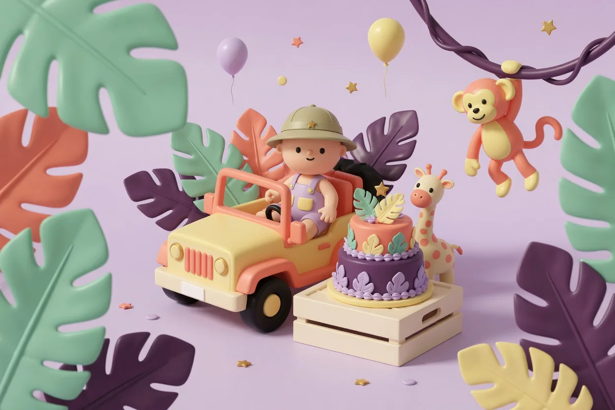 Illustration of a toddler in a safari hat sitting in a chunky coral-and-yellow toy jeep among giant tropical leaves, with a plush monkey hanging from a vine, a plush giraffe and a leaf-decorated two-tier cake on a wooden crate.