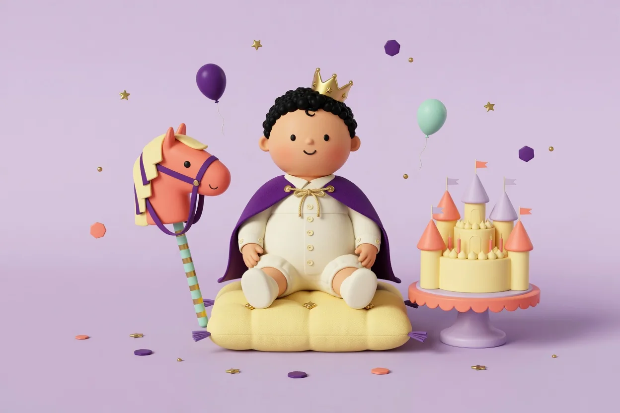 Illustration of a toddler in a cream buttoned romper, purple velvet cape and small gold crown sitting on a yellow cushion between a coral hobby horse and a pastel castle-shaped cake with pennant flags on a pedestal stand.