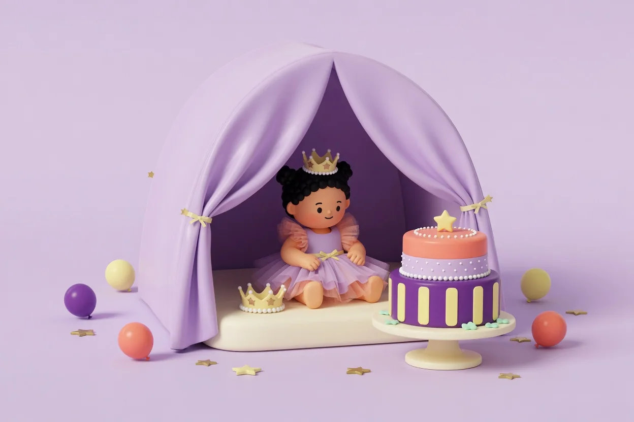 Illustration of a toddler in a lilac tulle dress and small tiara sitting inside a draped lilac canopy tent, with a second tiara on the floor beside her and a coral, lilac and purple tiered cake with sugar pearls on a stand outside.
