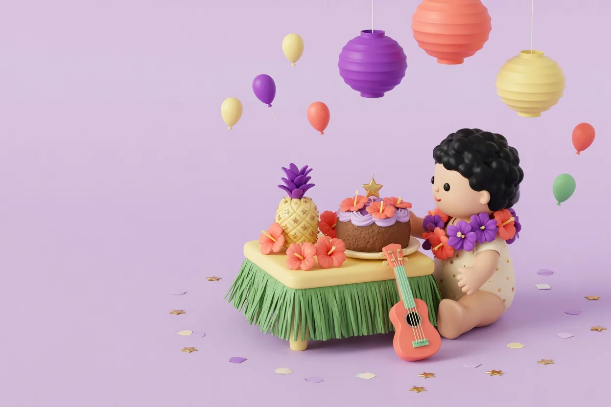 Illustration of a toddler wearing a hibiscus flower lei sitting beside a low grass-skirted table with a pineapple, hibiscus flowers and a coconut cake topped with flowers, a coral toy ukulele leaning on the table and paper lanterns overhead.