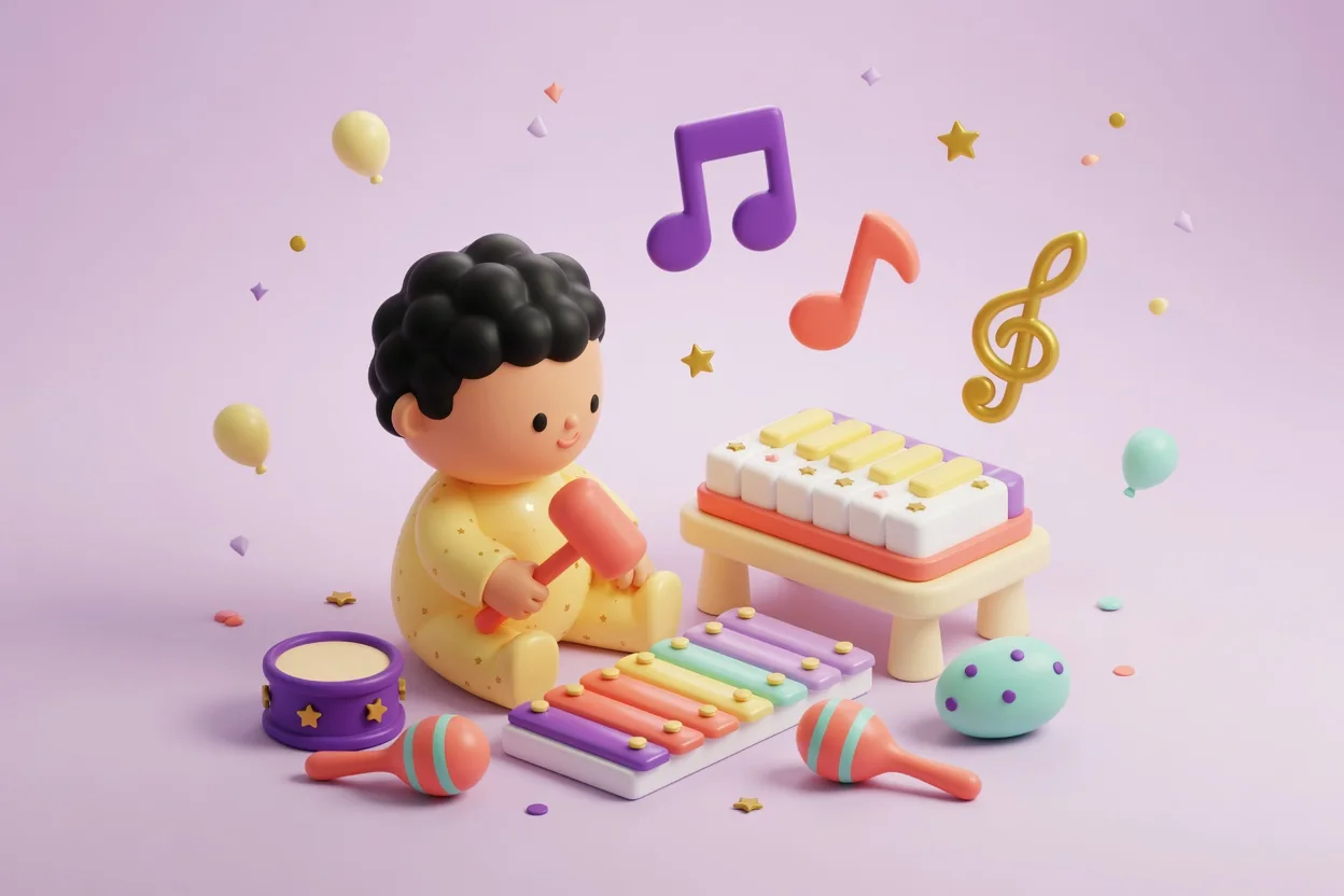 Illustration of a toddler in a yellow star-print onesie holding a mallet beside a rainbow toy xylophone, with a small drum, maracas, a shaker egg, a piano-keys cake on a stool and floating 3D music notes.