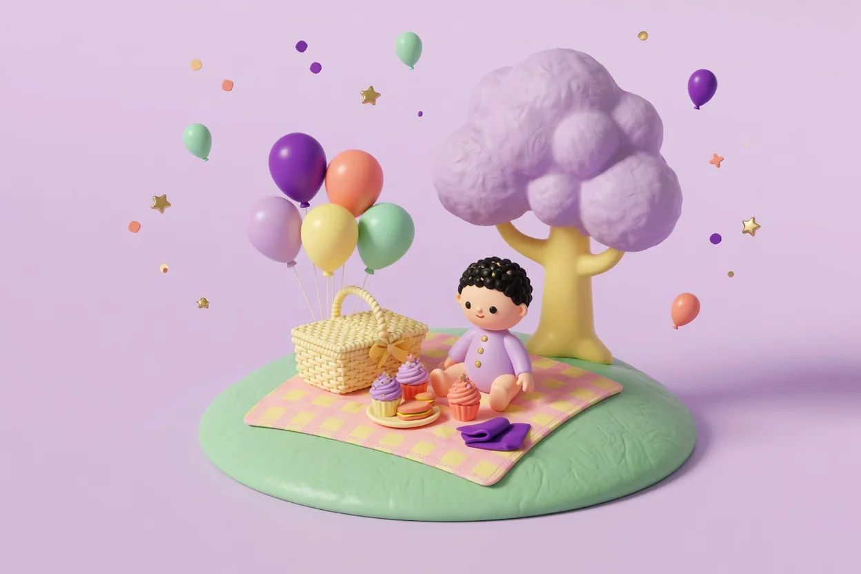 Illustration of a toddler sitting on a pink-and-yellow gingham blanket on a small grassy mound under a rounded lilac tree, next to a wicker picnic basket tied with balloons, a mini sandwich and cupcakes.