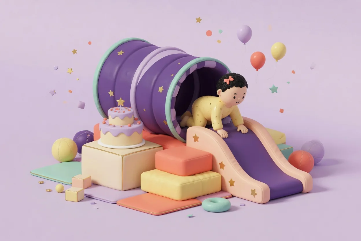 Illustration of a toddler crawling out of a purple fabric play tunnel onto a padded mini slide, surrounded by chunky foam steps, colorful gym mats and soft balls, with a two-tier cake on a big foam block.