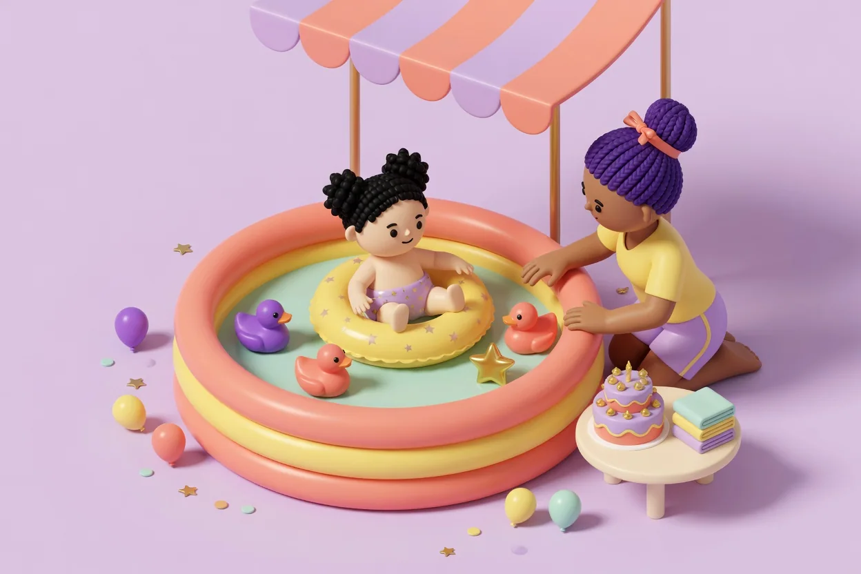 Illustration of a toddler in a star-print float ring sitting in a round coral-and-yellow inflatable kiddie pool with rubber ducks, a grown-up kneeling at the pool edge, a striped lilac-and-coral sun canopy overhead, and a small side table with a layered birthday cake and folded towels.