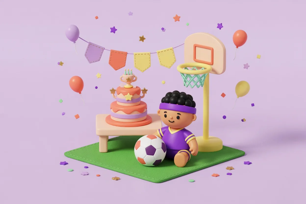 Illustration of a toddler in a purple jersey and headband sitting on a square of green turf beside a soccer ball and a mini basketball hoop, with a tiered cake topped by a trophy cup and blank pennant bunting behind.