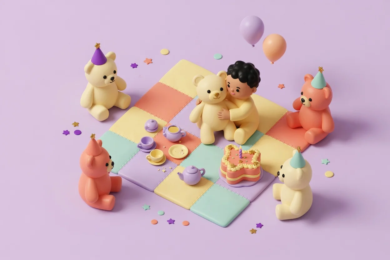 Illustration of a toddler hugging a cream teddy bear on a pastel patchwork quilt, surrounded by four teddy bears in party hats, a lilac toy tea set and a bear-shaped birthday cake with one candle.