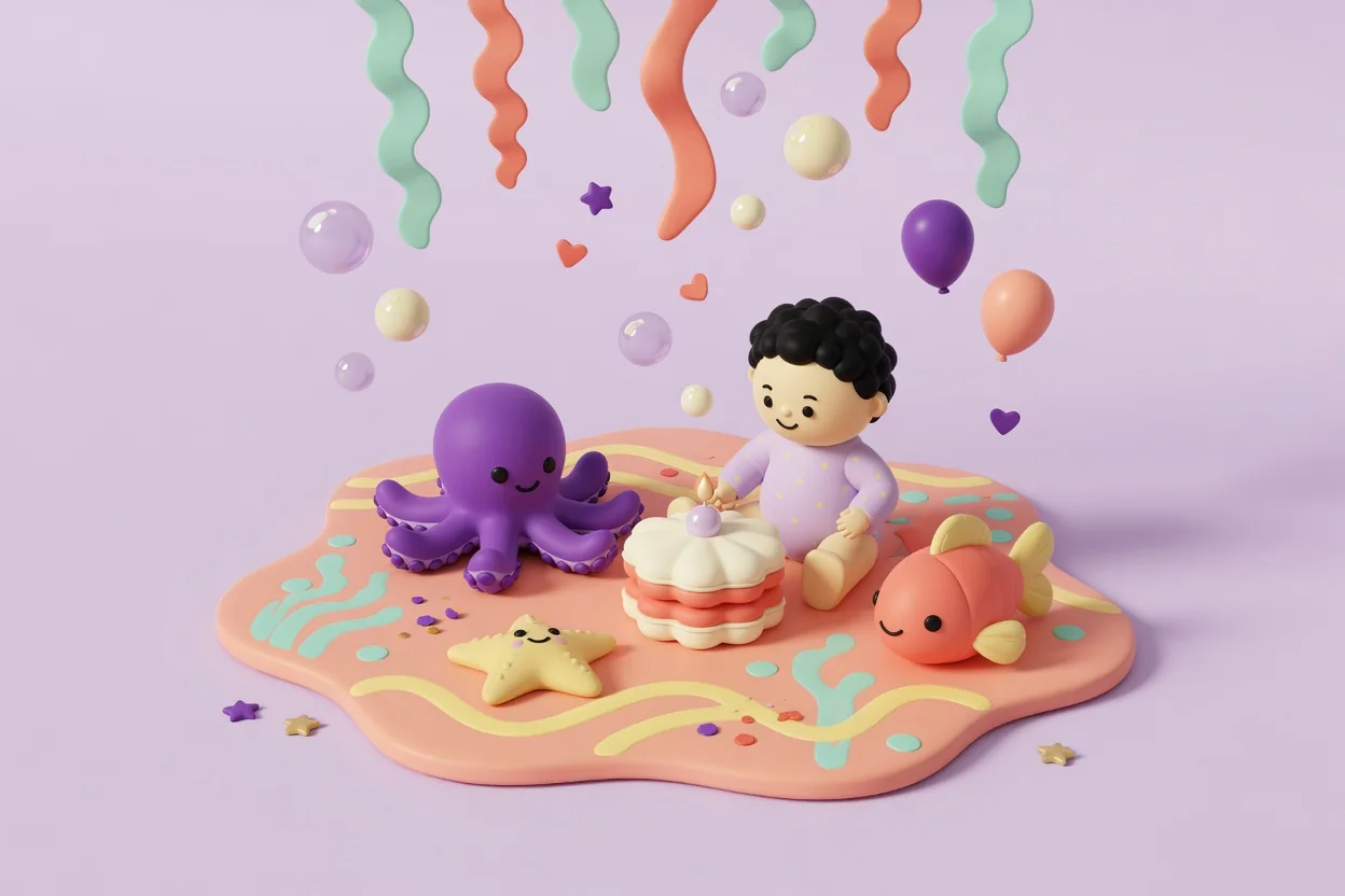 Illustration of a toddler sitting on a coral reef play mat beside a purple plush octopus, a coral fish and a smiling yellow starfish, with a clamshell cake topped by a pearl, wavy seaweed streamers hanging above and floating bubbles.