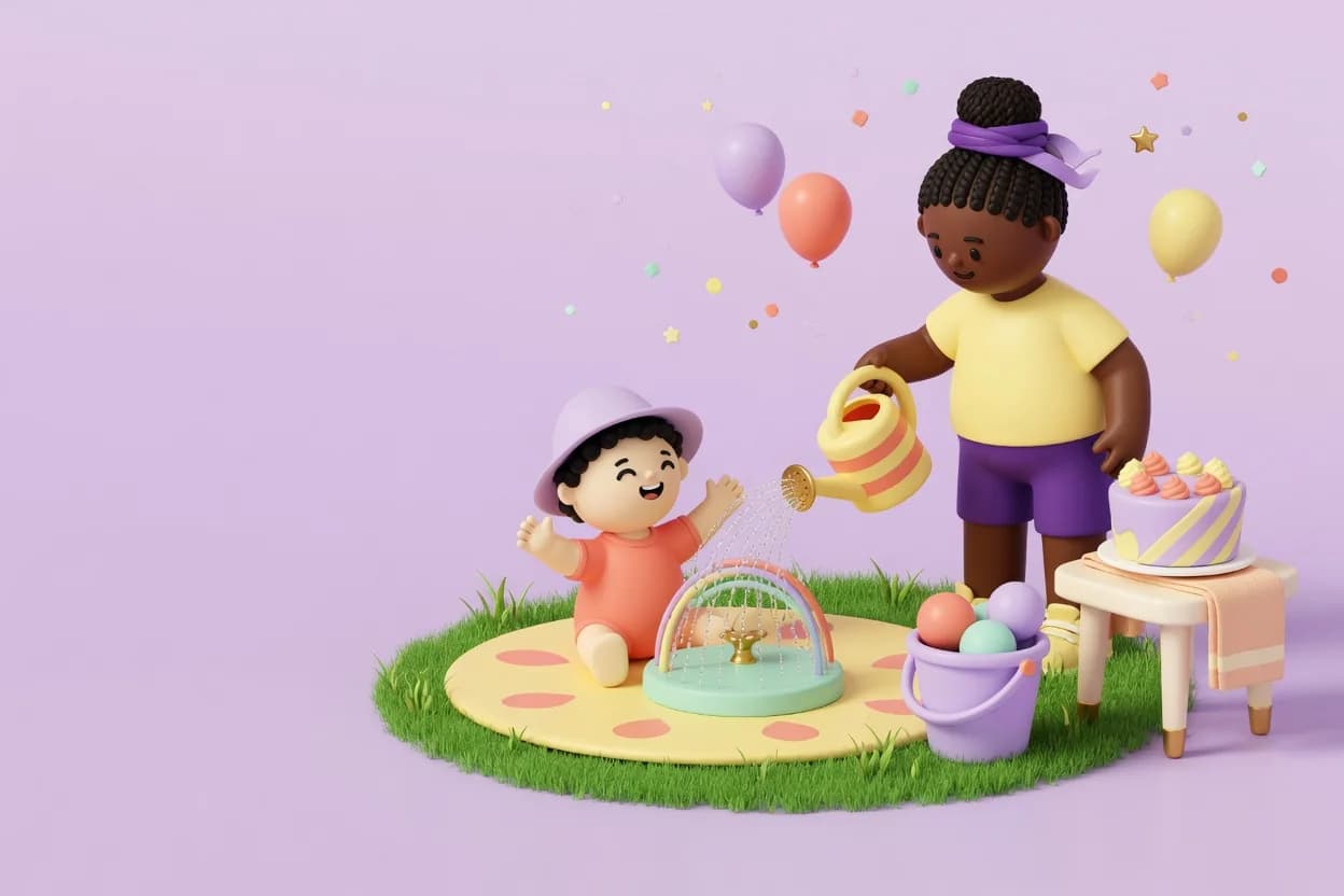 Illustration of a laughing toddler in a sun hat on a yellow splash mat on the grass beside a small rainbow-arch sprinkler, while a grown-up pours from a striped watering can, with a bucket of soft water balls and a towel-draped table holding a birthday cake.