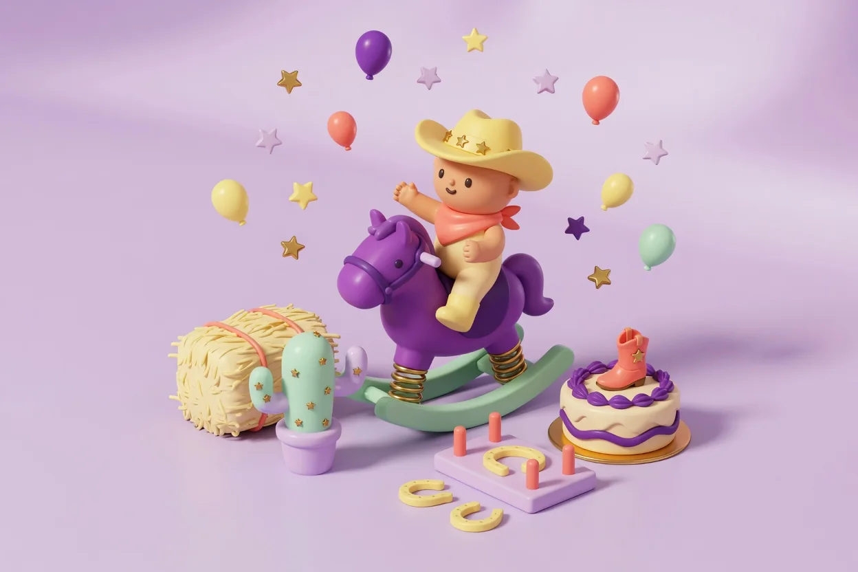 Illustration of a toddler in a yellow cowboy hat and coral bandana riding a purple spring rocking horse, beside a hay bale, a potted mint cactus, a horseshoe-toss game and a cake topped with a little cowboy boot.