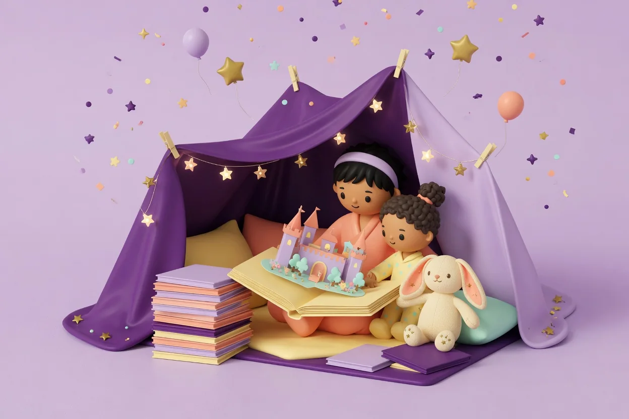 Illustration of a parent and child reading together inside a purple blanket fort strung with star fairy lights, with an open pop-up book showing a paper castle and garden, a tall stack of blank-covered picture books, and a plush bunny beside them.