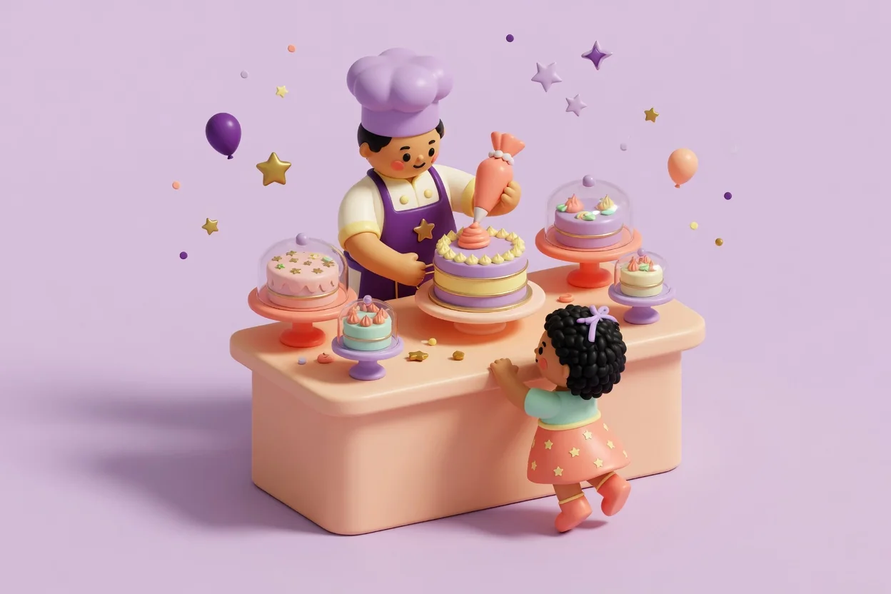 Illustration of a baker in a lilac chef's hat piping frosting onto a layer cake at a peach bakery counter lined with small cakes under glass domes, while a little girl in a star skirt stands on tiptoe to peek over the edge.