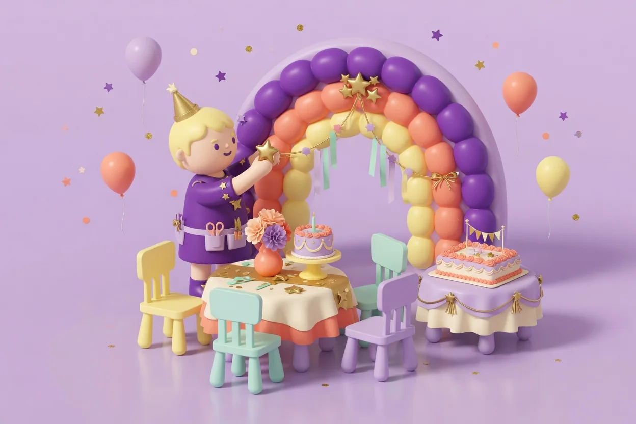 Illustration of a decorator figure hanging a gold star garland on a purple, coral and yellow balloon arch, above a small dressed party table with flowers and a cake, kid-size pastel chairs and a second table holding a sheet cake.