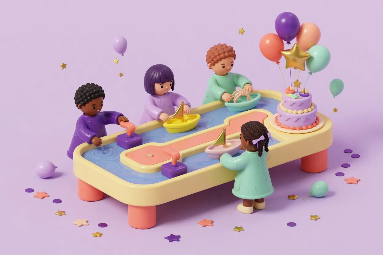 Illustration of four children in smocks playing at a long yellow water-play table, pumping water and floating little toy sailboats through blue channels, with a lilac birthday cake and a bunch of balloons at the end of the table.