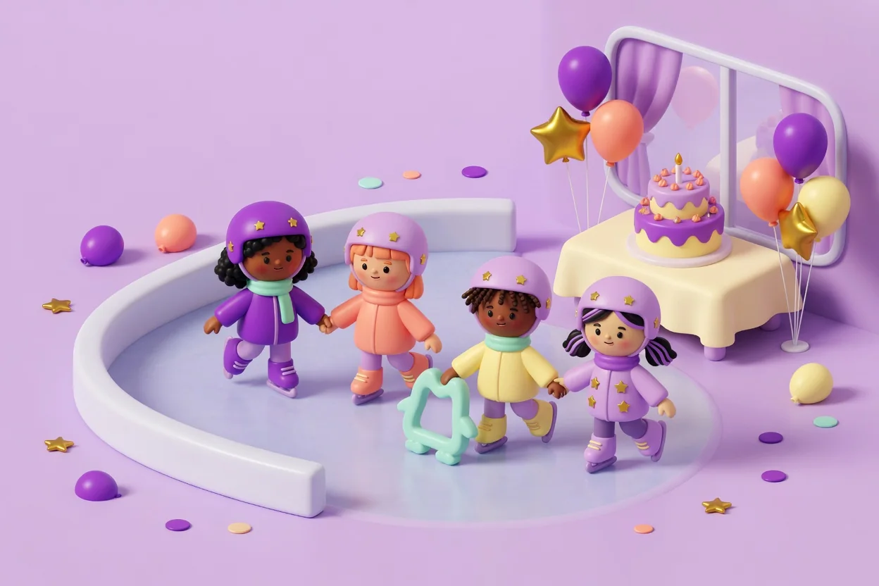 Illustration of four toy-like children in star-dotted purple and lilac helmets skating hand in hand on a small oval ice rink, one pushing a mint skate aid, beside a party table with a tiered purple birthday cake and purple, coral and gold star balloons.