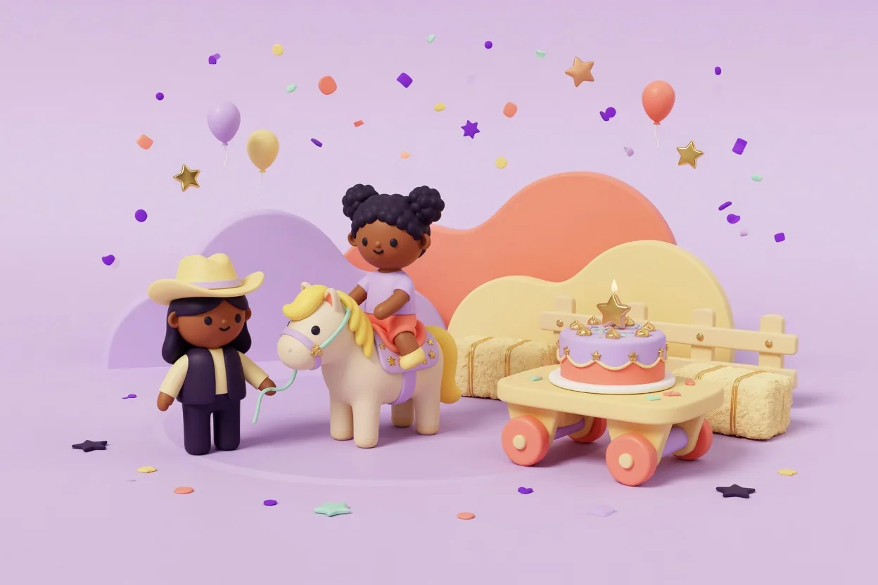 Illustration of a ranch-style birthday party with a wrangler in a cowboy hat leading a cream pony carrying a smiling girl, next to hay bales, a wooden fence and a wheeled wagon table holding a lilac birthday cake, with soft rounded hills behind.