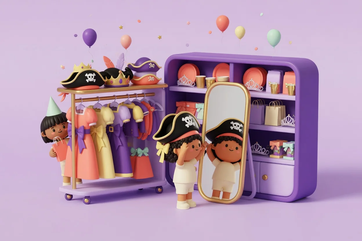 Illustration of a child trying on a black pirate hat in front of a tall gold-framed mirror in a party shop, beside a rack of colorful dress-up costumes topped with hats and crowns and purple shelves of plates, cups, tiaras and gift bags, with another child peeking out from behind the rack.