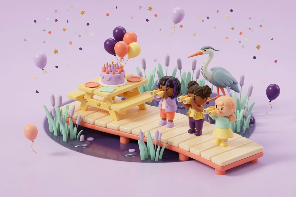 Illustration of three children with binoculars on a wooden boardwalk over a small pond, watching a gray heron among cattails, with a picnic table holding a lilac birthday cake and a bunch of balloons.