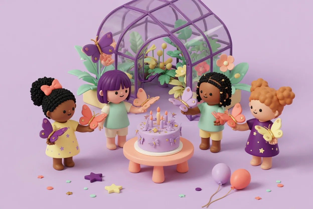 Illustration of four children holding colorful butterflies around a lilac butterfly-decorated birthday cake in front of a small purple-framed glasshouse full of tropical plants and flowers.