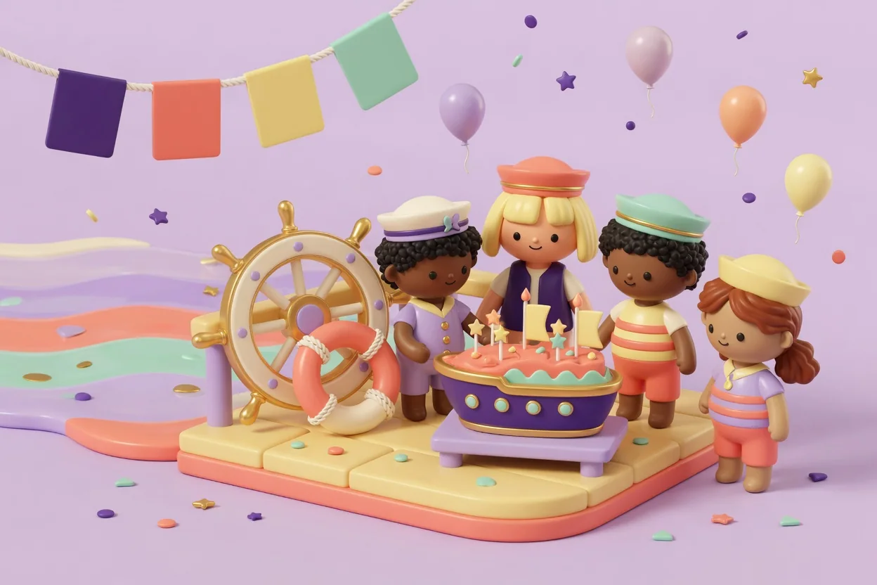 Illustration of four children in sailor caps around a boat-shaped birthday cake on a wooden deck by the water, with a gold ship's wheel, a coral life ring and blank colored pennant flags strung overhead.