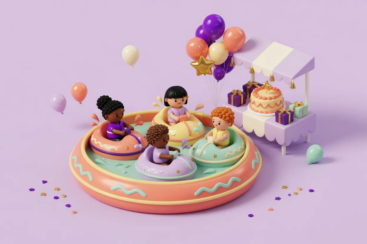 Illustration of four children splashing around in colorful round bumper boats in a small coral pool, next to a striped-awning party table with a birthday cake, wrapped gifts and a bunch of balloons.