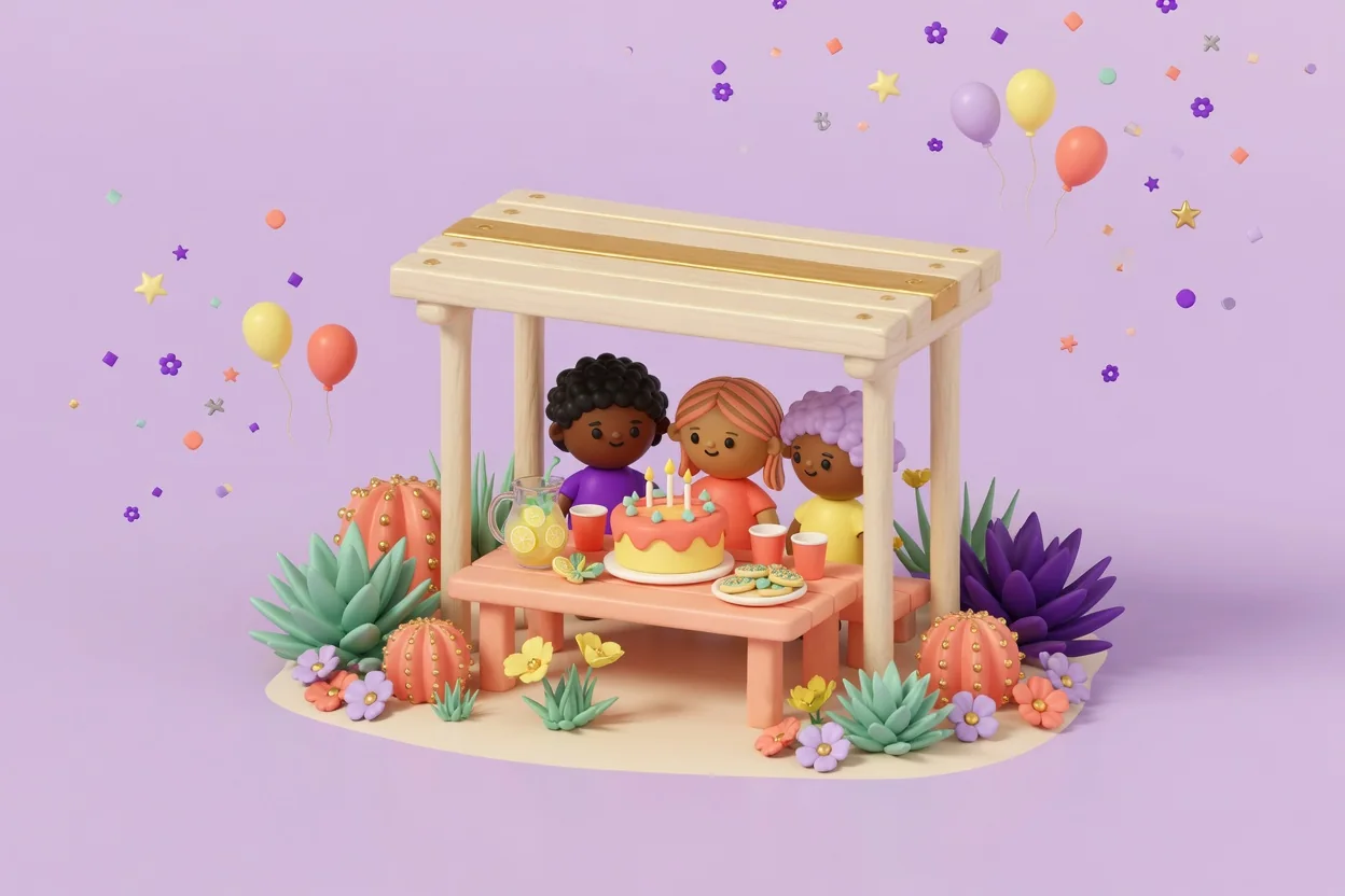 Illustration of three children at a picnic table under a wooden shade shelter with a birthday cake, lemonade and cookies, surrounded by agave, round barrel cacti and desert flowers.