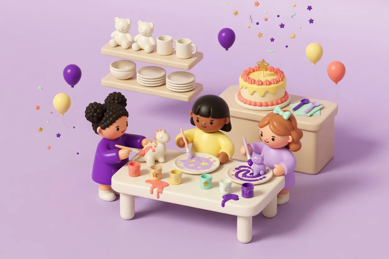 Illustration of three children painting a ceramic unicorn, a plate and a cat figurine with bright glazes at a pottery-studio table, with shelves of plain bisque bears, mugs and bowls behind and a birthday cake on a side counter.
