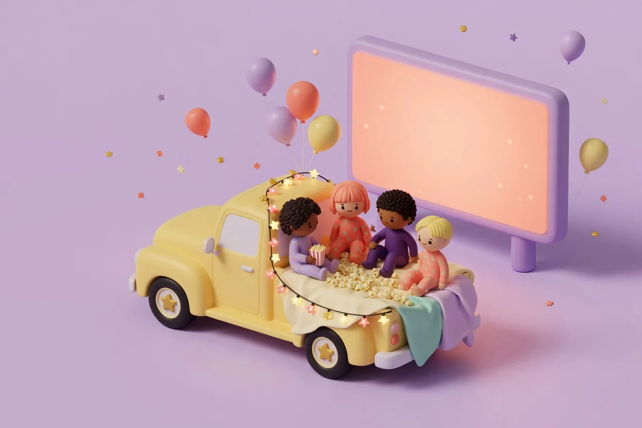 Illustration of four children in pajamas sitting on blankets with popcorn in the back of a butter-yellow pickup truck strung with fairy lights and balloons, facing a large glowing blank outdoor movie screen.