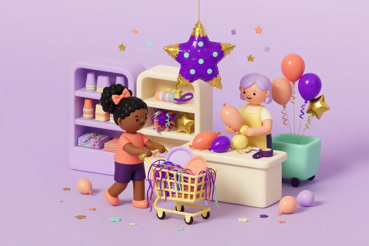 Illustration of a girl pushing a small shopping cart full of streamers and paper plates through a party-supply shop, under a hanging purple star piñata, while a clerk at the counter blows up balloons.