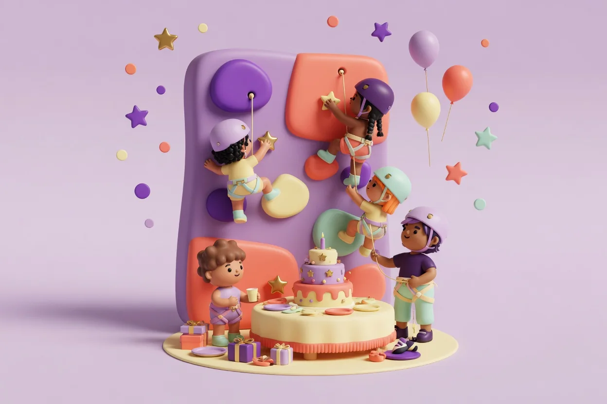 Illustration of children in helmets and harnesses climbing a chunky purple and coral climbing wall while a child below holds the rope, beside a party table with a tiered birthday cake and wrapped gifts.