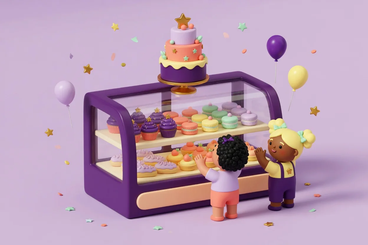 Illustration of two children with their hands on a purple bakery display case filled with cupcakes, macarons and pastries, with a tall tiered birthday cake on a gold stand on top of the case.