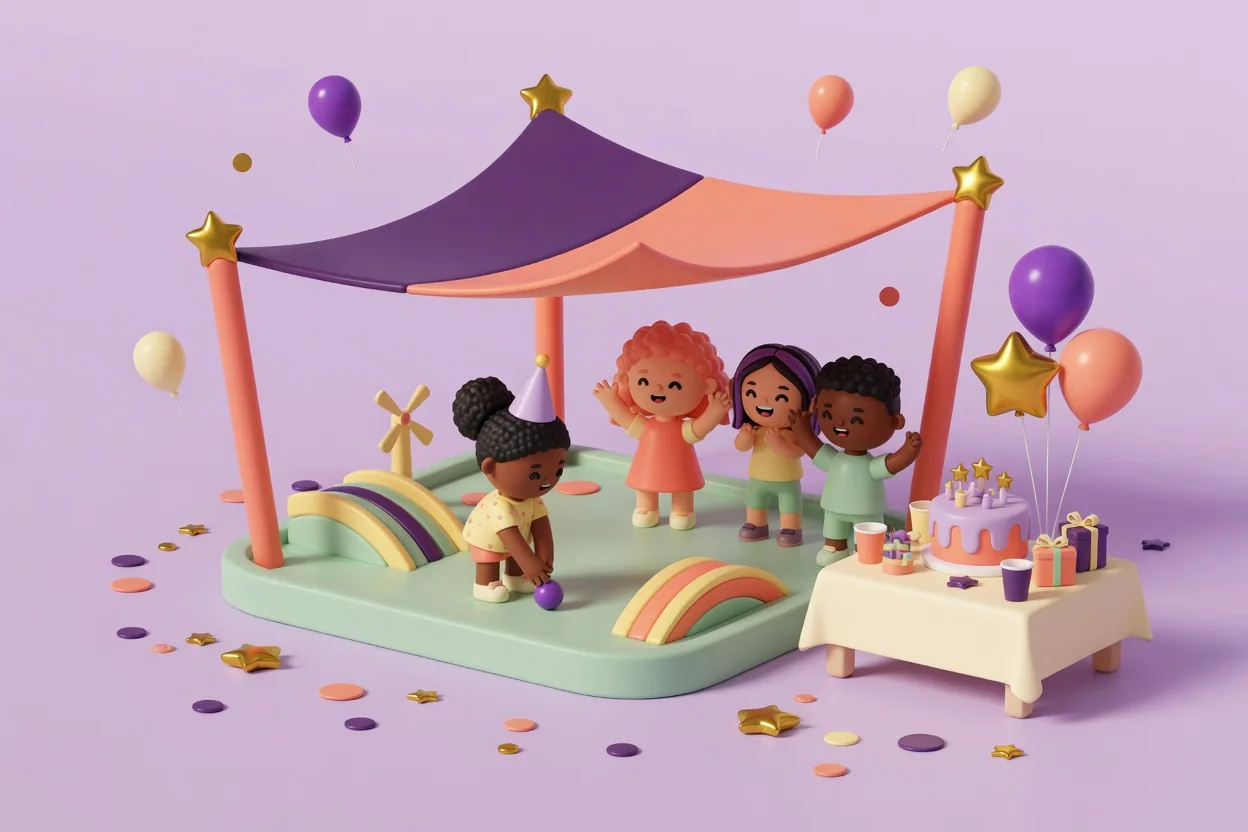 Illustration of children in 3D clay-toy style cheering under a purple and coral shade sail as a girl in a party hat bends over a ball on a mint mini-golf green with rainbow ramps and a small windmill, next to a cream table with a lilac birthday cake, gifts and balloons.