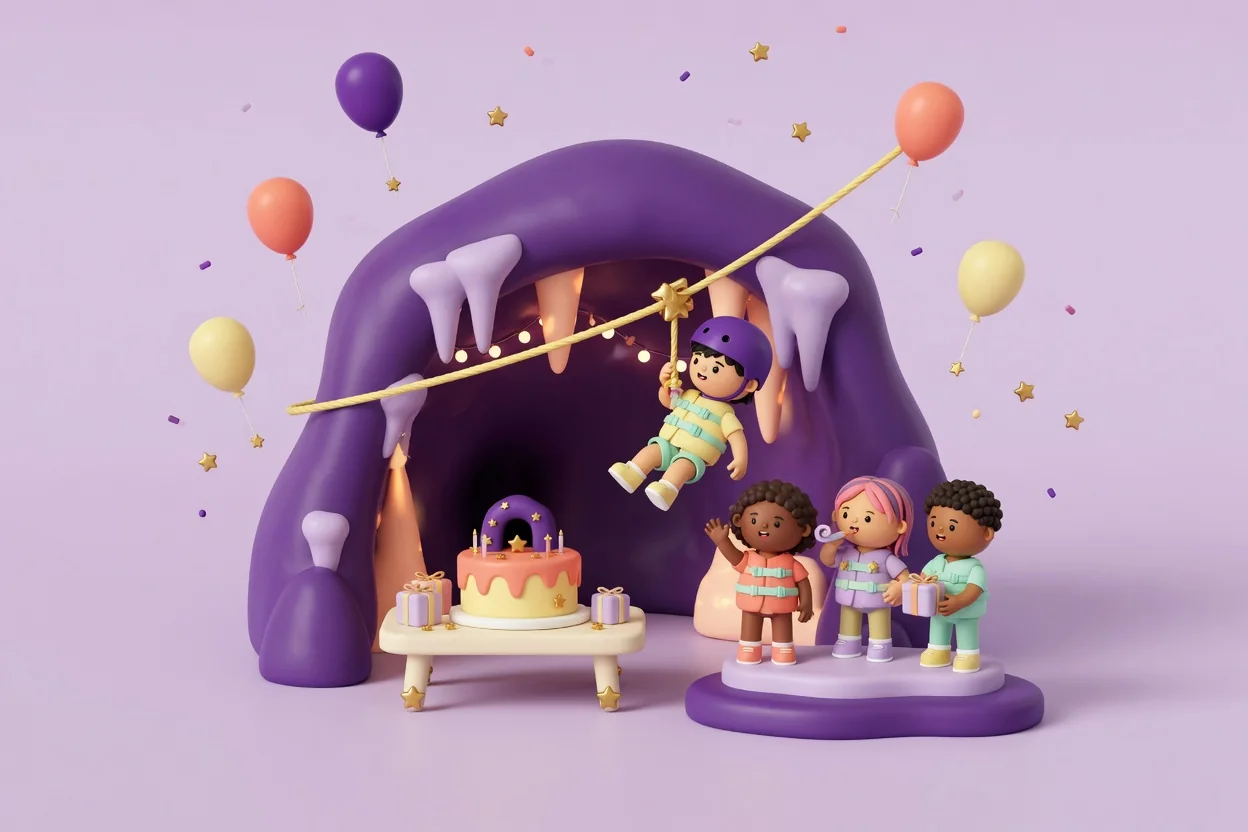 Illustration of a child in a purple helmet and harness riding a rope zip line out of a glowing purple clay cave with lilac stalactites and string lights, while three friends in harnesses wave from a platform beside a cake table with gifts.