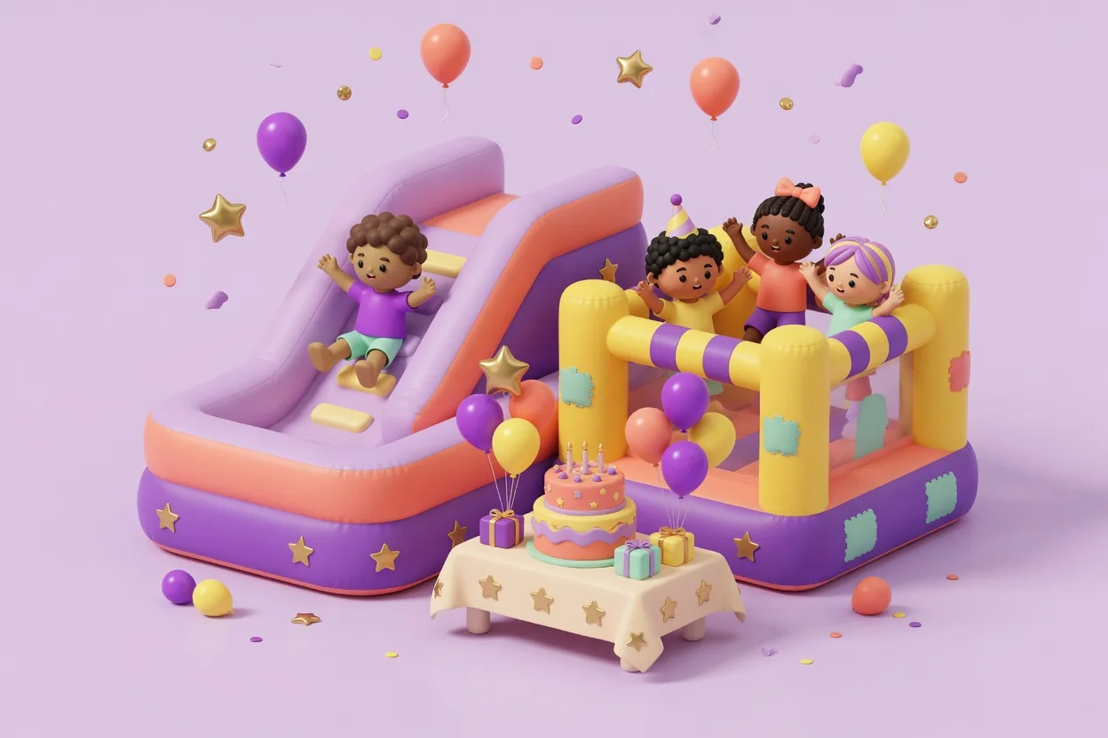 Illustration of a boy sliding down a lilac and coral inflatable slide next to a yellow and purple striped bounce house where three children bounce with raised arms, with a tiered birthday cake, gifts and balloons on a star-patterned table in front.
