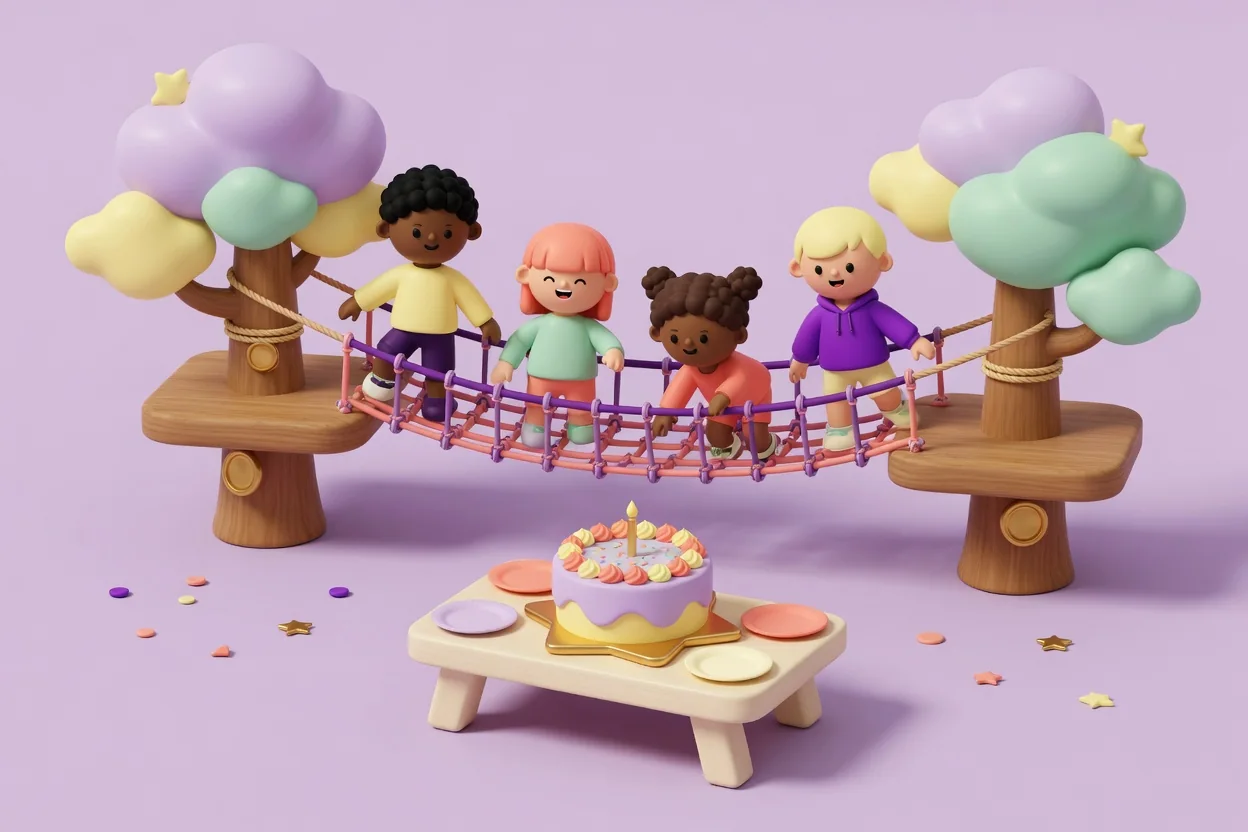 Illustration of four children crossing a purple and coral rope net bridge strung between two wooden tree platforms with puffy lilac, mint and yellow foliage, above a small wooden picnic table holding a lilac birthday cake with a candle and plates.