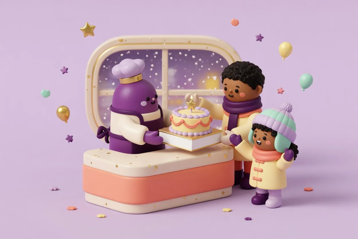 Illustration of a purple toy baker in a chef's hat handing a star-topped birthday cake in an open box across a coral bakery counter to a parent in a scarf and an excited child in a knitted winter hat, with snow falling outside the round window behind.