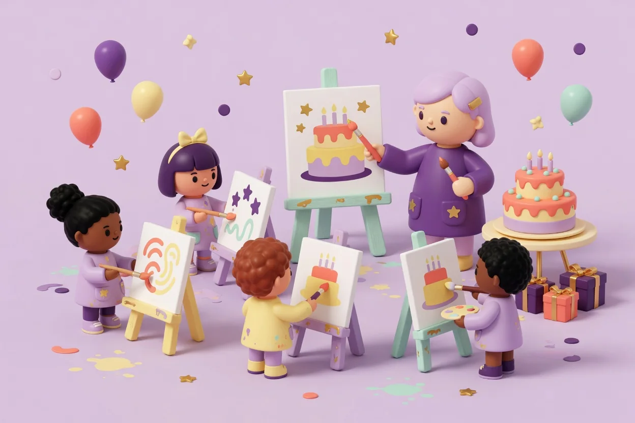 Illustration of children in lilac smocks painting swirls, stars and birthday cakes on small easels while a lilac-haired instructor demonstrates a cake painting on a larger easel, with a tiered cake and wrapped gifts on a side table.