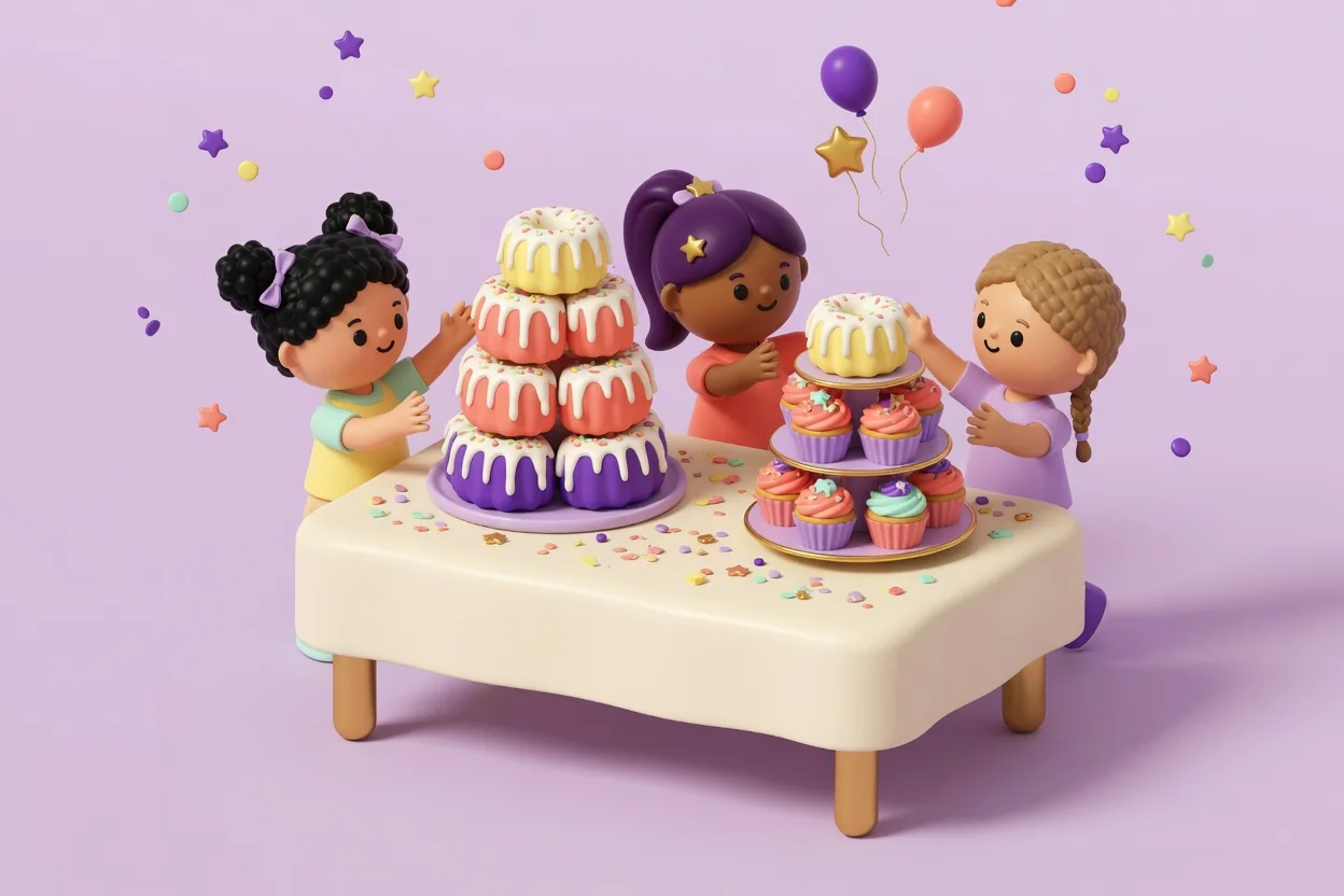 Illustration of three children reaching toward a stacked tower of icing-drizzled mini bundt cakes and a tiered stand of frosted cupcakes on a cream party table scattered with sprinkles.