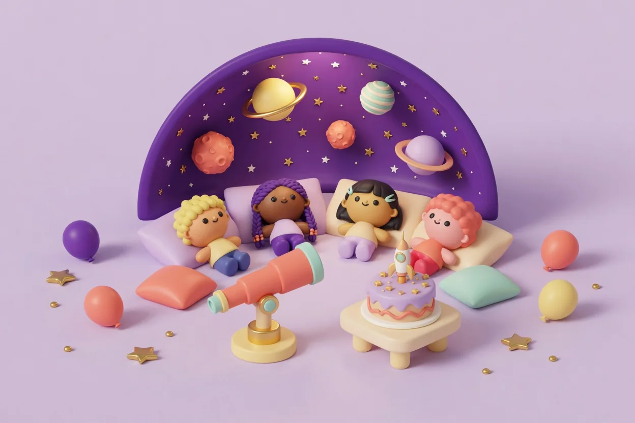 Illustration of four children lying on pastel cushions under a purple planetarium dome full of gold stars and ringed planets, with a coral toy telescope on a stand and a lilac birthday cake topped with a little rocket on a side table.
