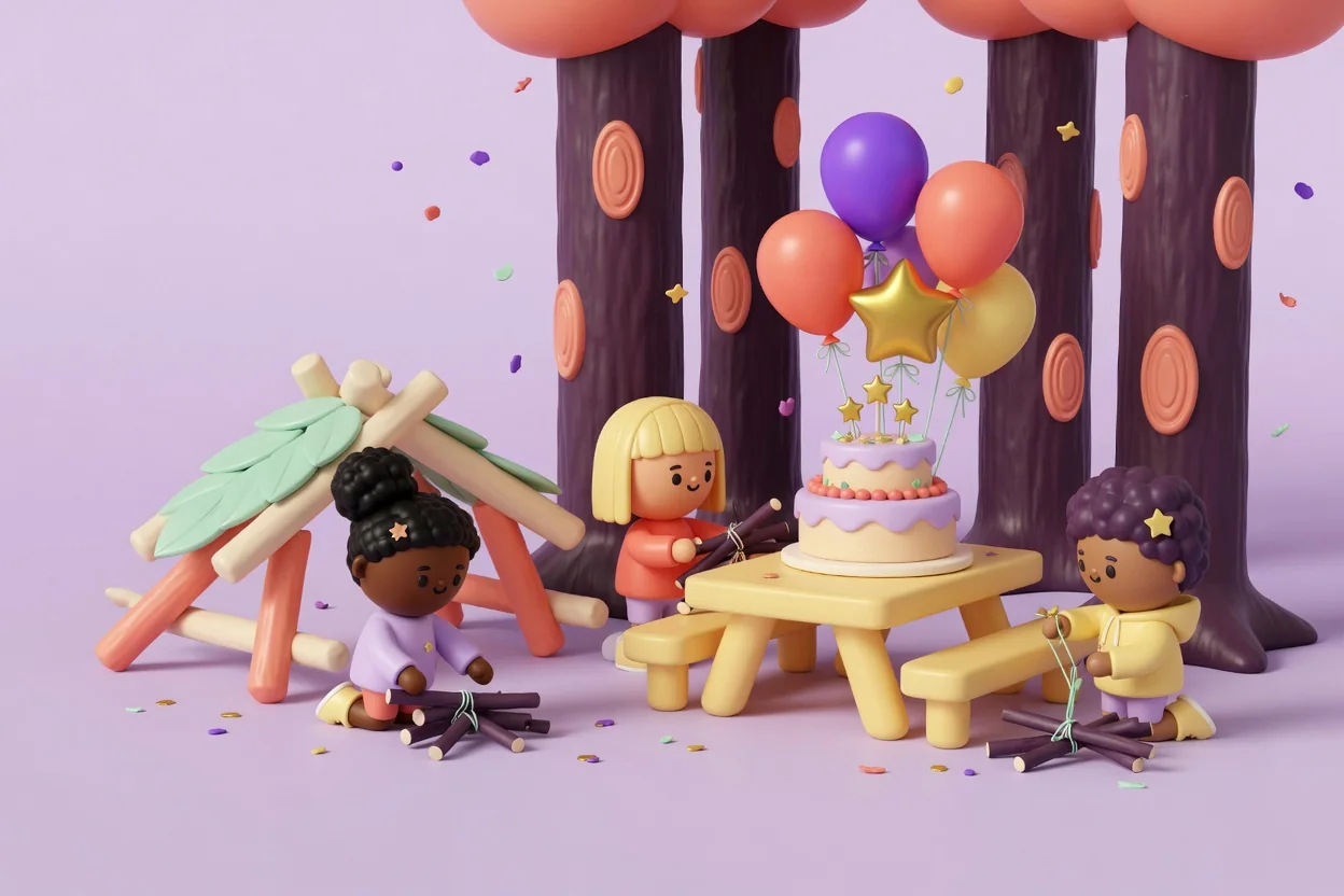 Illustration of children gathering bundles of sticks and building a little branch fort with mint leaves among tall dark tree trunks with coral canopies, beside a yellow picnic table holding a two-tier cake under a bunch of balloons and a gold star.