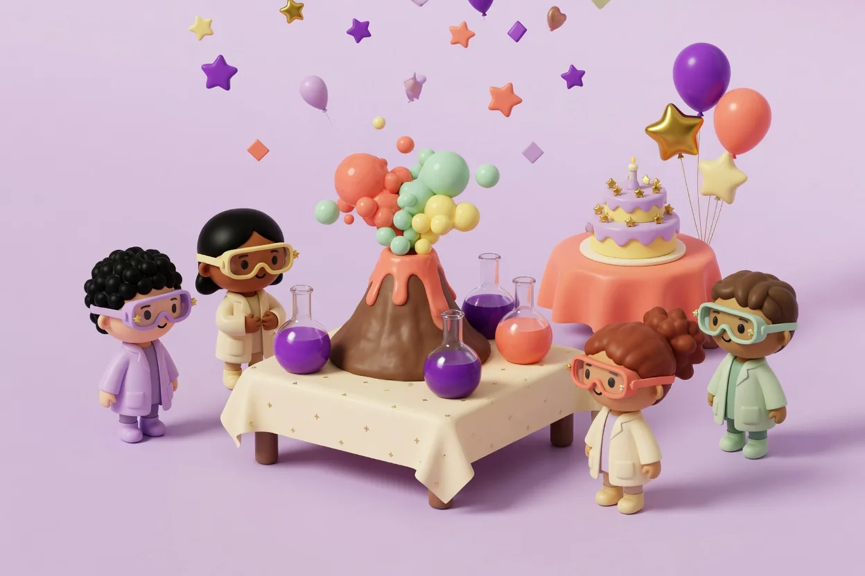 Illustration of four children in safety goggles and lab coats around a table where a clay volcano erupts with pastel foam bubbles beside round flasks of purple and coral liquid, with a tiered birthday cake and balloons on a coral table behind.